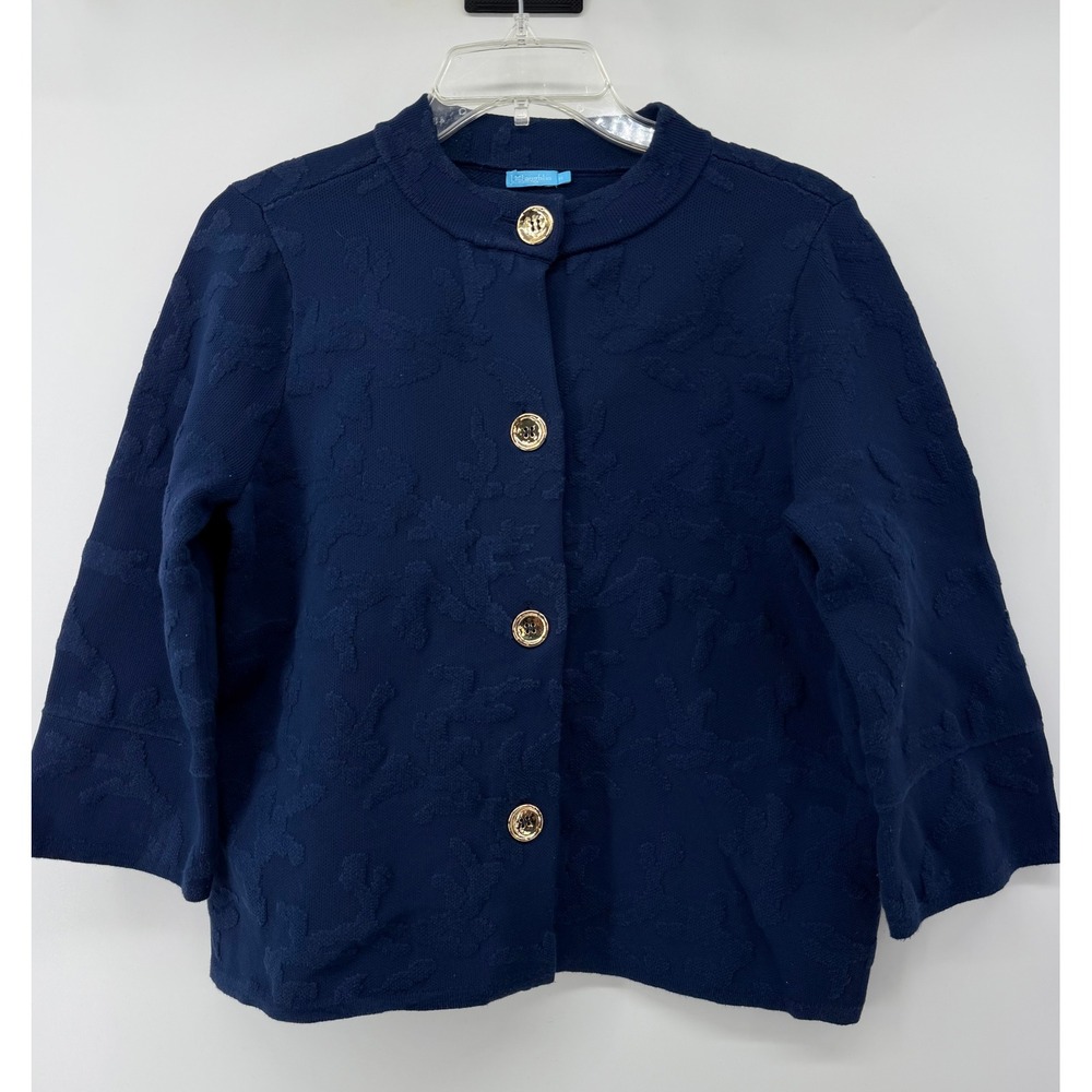 J. McLaughlin Navy Blue Floral Jacquard Gold Button Cardigan Jacket Womens M